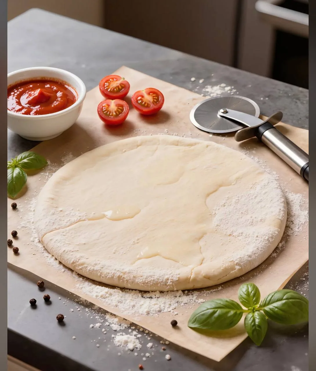 Pâte à pizza fraîchement étalée, sauce tomate, basilic et tomates — préparation artisanale